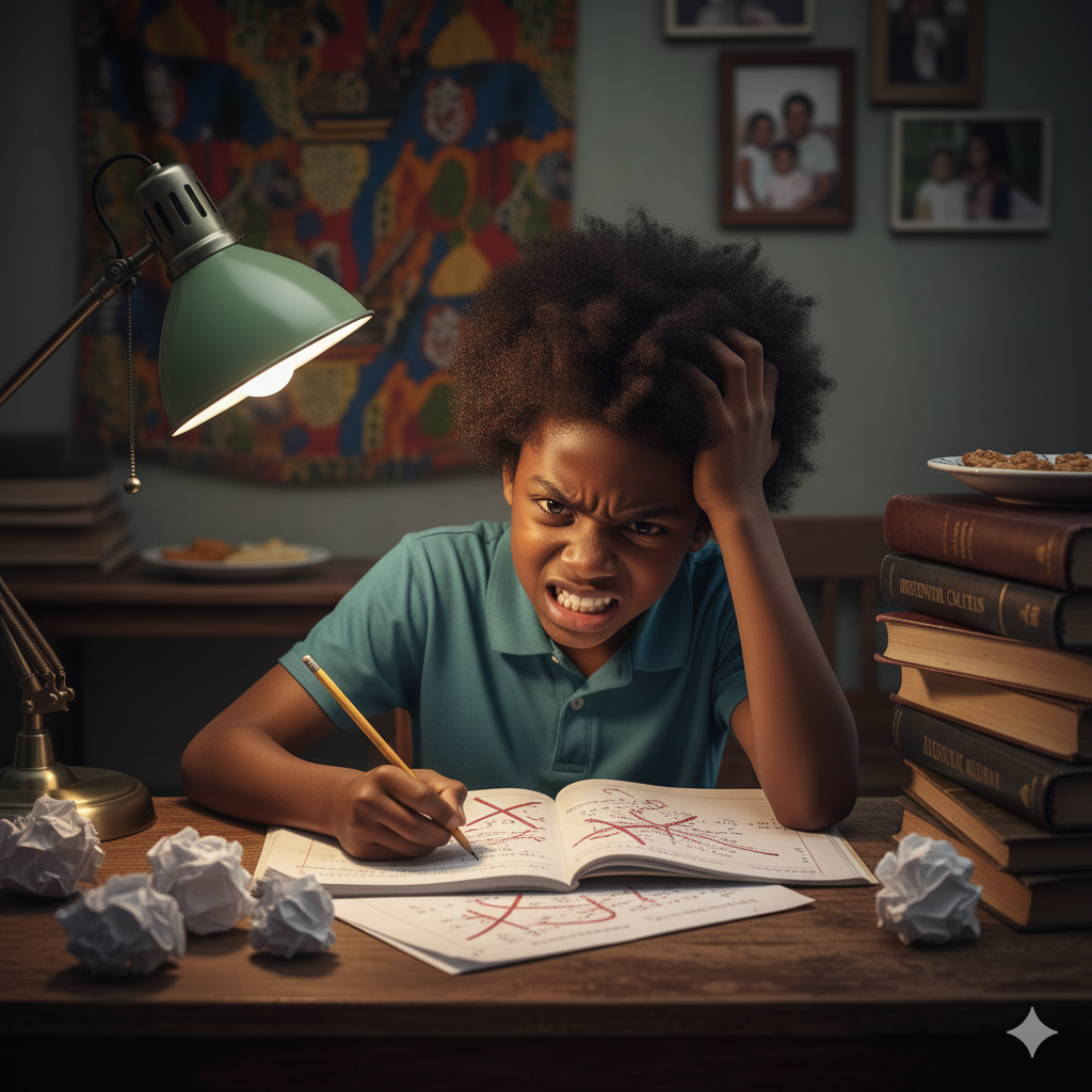 Frustrated Nigerian student struggling with mathematics homework